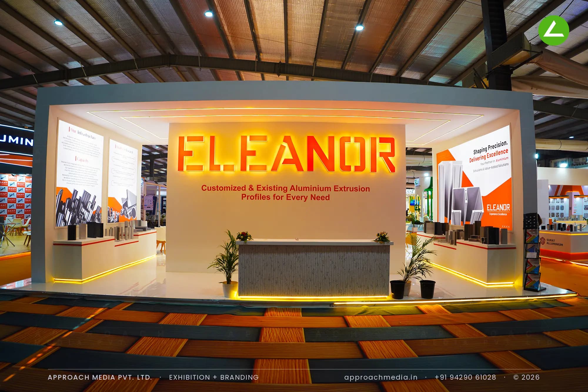110 sqm four-side-open exhibition stall for Eleanor Industries at Aluminium Bharat 2026, Gandhinagar, designed and fabricated by Approach Media