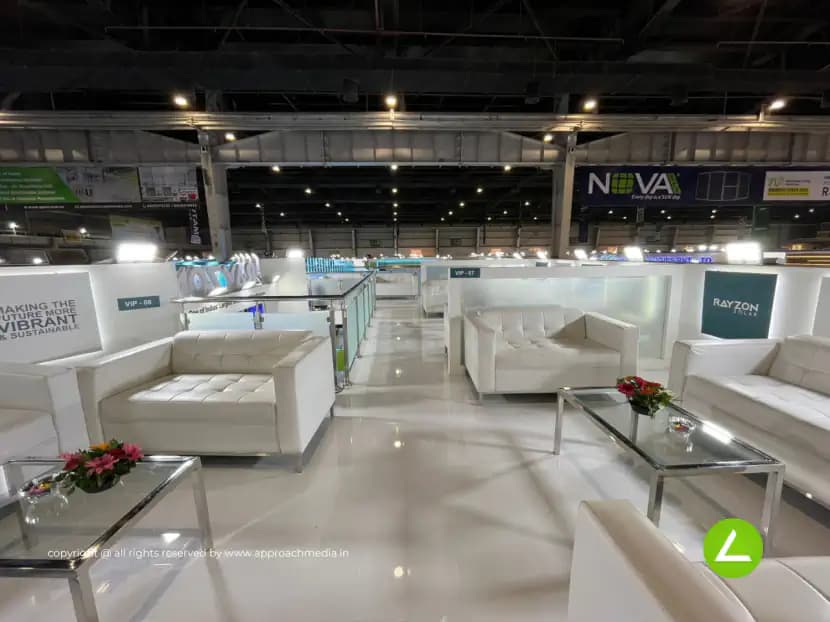 Clean Energy Exhibition Stall Design at REI Expo Delhi — 240 sqm mezzanine trade show booth for Rayzon Solar at REI Expo